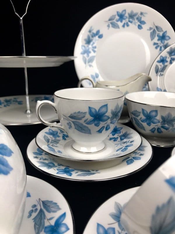 REDUCED Crown Essex Vintage Tea Set For 5 / Dubarry / Blue Floral / Cake Stand / Trios